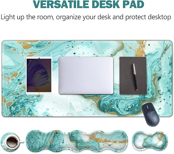 Upgraded Large Gaming Mouse Pad, Keyboard Wrist Rest Pad, Wrist Support Mousepad Set, Artso Rubber Base Stitched Edges, Multifunctional Desk Pad (35 x15.5 in) for Office, Home, Teal Turqoise Marble