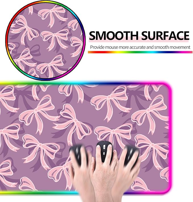RGB Pretty Purple Bows Gaming Desk Mat, Computer Keyboard Large Extended Long Girly LED Mouse Pad for Office and Home, XL (W15)