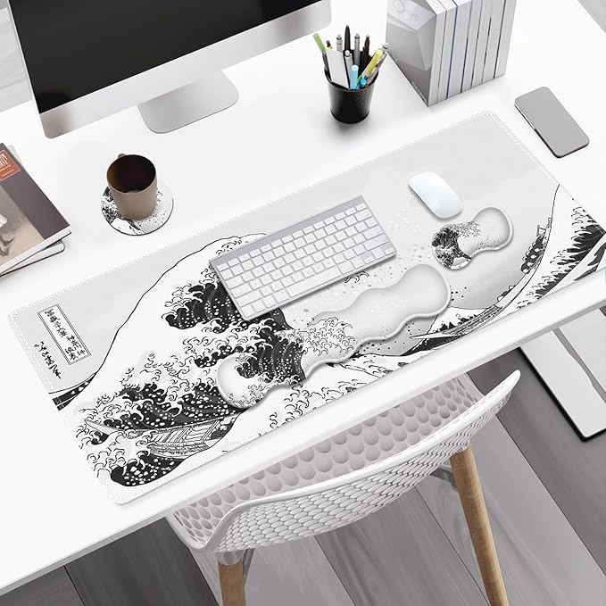 Gaming Mouse Pad Keyboard Wrist Support, 4 in1 Mousepad Set with Wrist Keyboard Rest, Computer Desk Mat, Non-Slip Desk Pad Protector with Memory Foam Easy Typing Pain Relief I Japanese Sea Wave