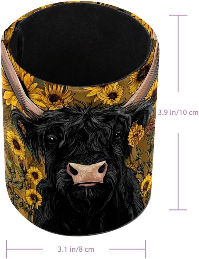 1 Pack Watercolor Sunflower Yak Circular Pen & Pencil Holder - Durable PU Leather Pencil Cup, Desk Accessories Organizer for Office Desk School Home