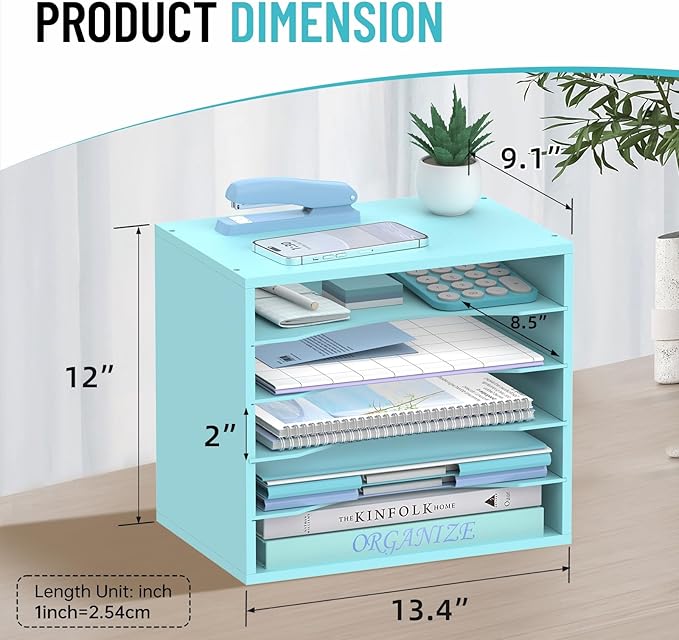 5-Tier Wood Desk Organizer, Paper Tray Organizer for Desk with Adjustable Storage Shelves, Desktop Paper Sorter Mail Holder for Office Home Classroom, Blue