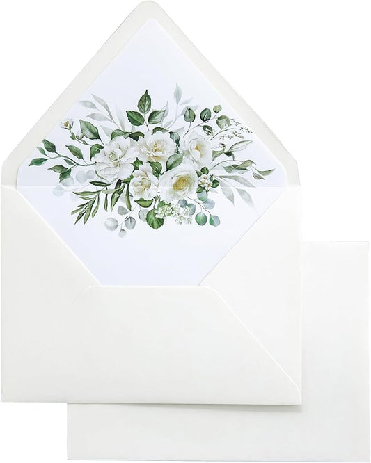 PONATIA 50PCS A7 Euro Flap Ivory Envelope, 5.25 x 7.25'' Flowers Liner Envelopes for Wedding Invitations, Photos, Postcards, Greeting Cards, Christmas Gift Cards, Acrylic Mailing, 5x7 Envelopes