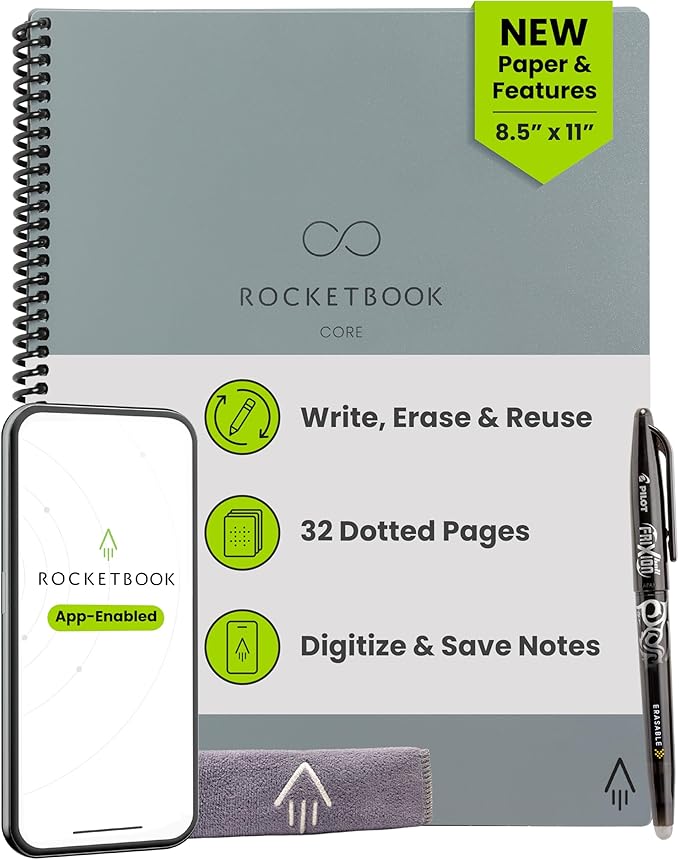 Rocketbook New Core Reusable Spiral Notebook, Letter Size 8.5x11, Gray - Dotted Pages, App-Connected, Erasable, Durable Cover, Ideal for School, Work, and Creative Projects