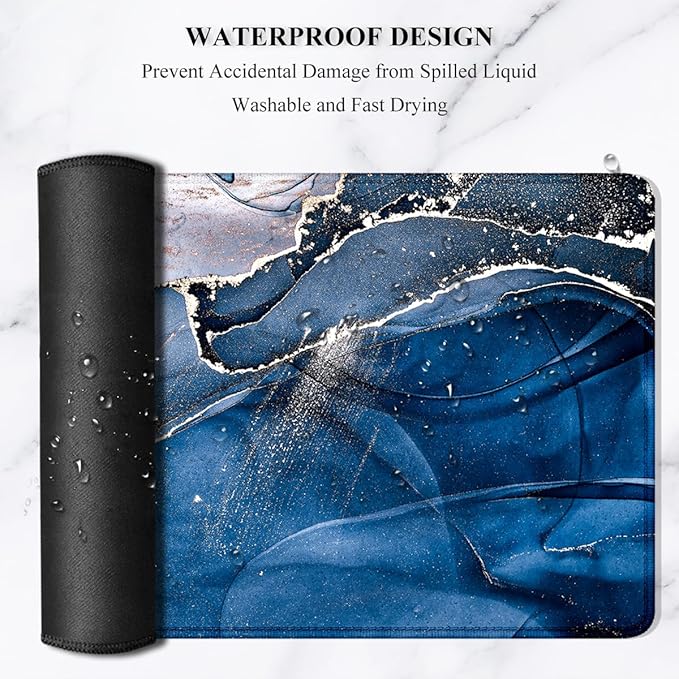 Auhoahsil Large Mouse Pad, XXL Desk Pad, Extened Mousepad 31.5" x 11.8", Non-Slip Rubber Base, Stitched Edges, Superior Surface, Gaming Keyboard Mat, Waterproof Desk Pad, Ink Navy Marble