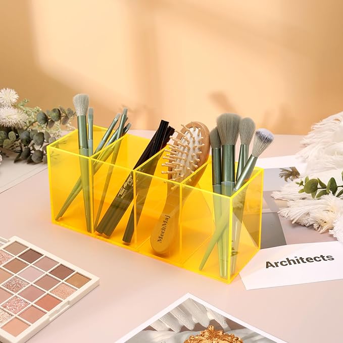 Pen Holder for Desk Neon Acrylic Pencil Holder Cup Makeup Brush Storage Organizer for Vanity, Neon Yellow