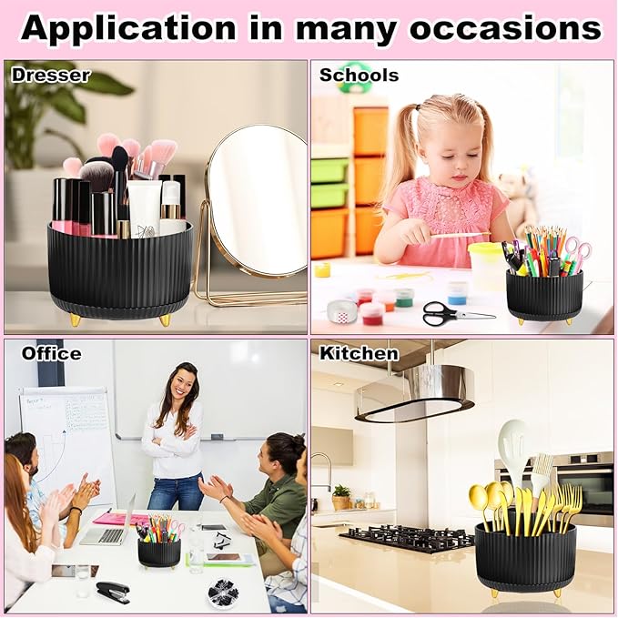 Black Desk Organizers and Accessories 10Pcs Set with 360-Degree Rotating Pen Holder, Tape Dispenser, Stapler, Staple Remover, 1000 Staples, Tape, Clips Set, Ruler, Scissor, Pen (Black)