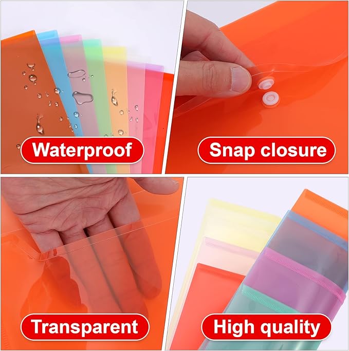 50pcs Plastic Envelopes,Poly Envelopes with Snap Button Closure,Clear Document Folders Letter A4 Size File Envelopes,Plastic File Folders for School Home Work Office Organization,8 Assorted Color (50)