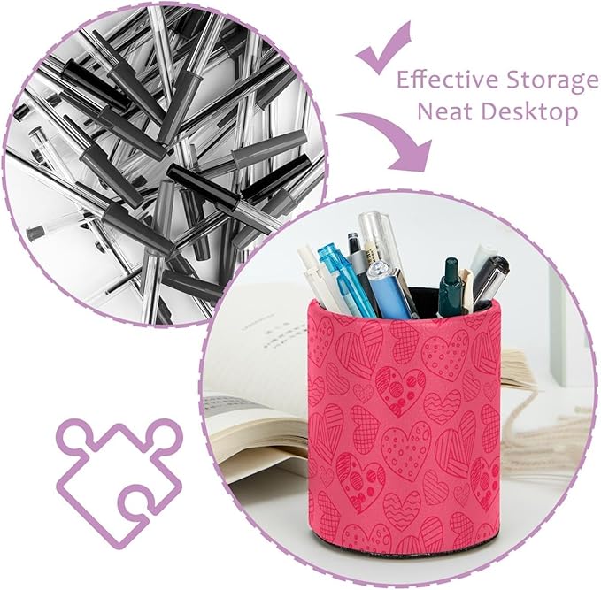 Pen Holder Cup Pencil Cup Holder for Office Valentine's Day Hand Drawn Pink Hearts Pattern Desk Organizer