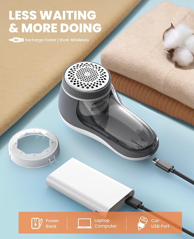 POPCHOSE Fabric Shaver, Lint Remover for Clothes, Electric Lint Shaver with 6-leaf Blades, Sweater Shavers to Remove Pilling for Clothing, Couch, Furniture, Fuzz, Lint Ball, Pillings, USB Rechargeable