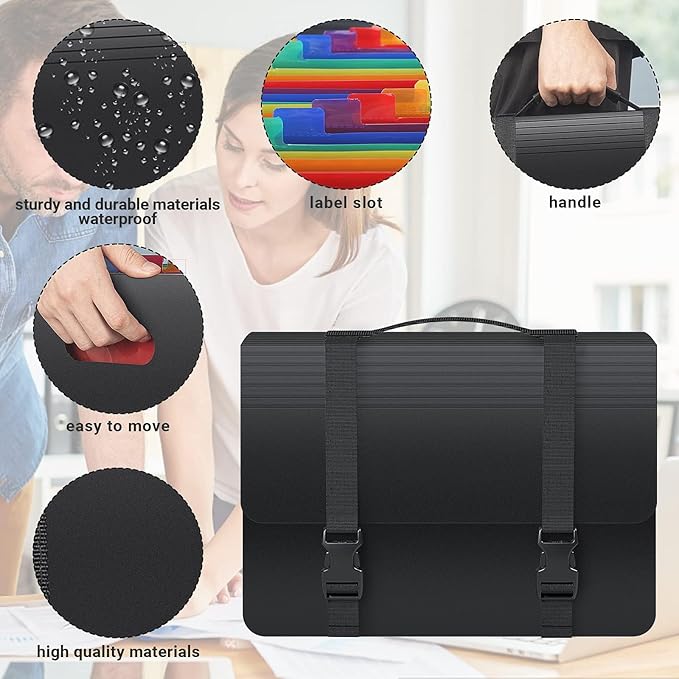 Accordion File Organizer,Expanding File Folders with Handle,13 Pockets Expandable Filing Folders,Tabs Included in Filing Box,Adjustable Strap,Bill Documents Organizer,A4/Letter Size,Black