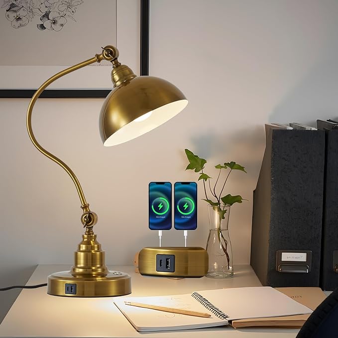 Vintage Gold Desk Lamp Decorative Table Lamp for Home Office Living Room Bedroom Desk Light, Rustic Industrial Farmhouse Antique Library Study Desk Lamp E26 LED Bulb Included