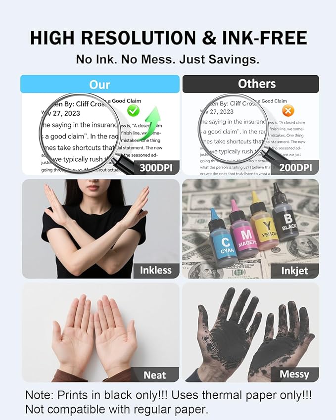 Inkless Portable Printer for Travel, 300DPI Wireless Thermal Printer Support 8.5" x 11" US Letter, A4, MT610Pro Small Bluetooth Printers Compatible with iOS, Android Laptop for Home Office Car, Grey