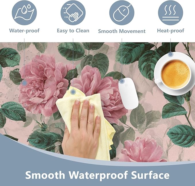 Mouse Pad Desk Mat Leather Desk Pad Large Gaming Desk Cover Protector Mat for Keyboard Computer Laptop Office Waterproof 47.2 x 23.6 Inch Pink Vintage Roses with Leaves