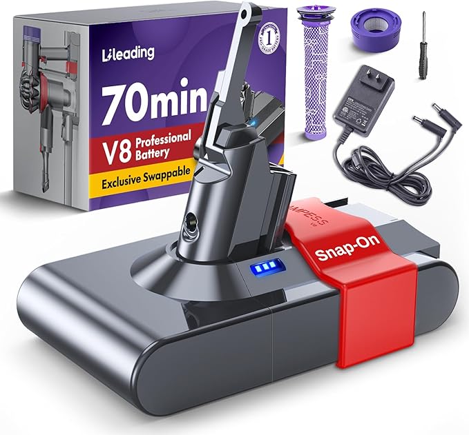 LiLeading Exclusive Swapple and 1-2 Charger 70 Min V8 Replacement Battery, Compatible with Dyson V8 Animal Absolute Motorhead Fluffy, Battery Lock & 2 Filters