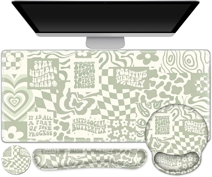 Large Desk Mat, Beige Gaming Mouse Pad, Desk Pad Protector, XXL Mousepad + Keyboard Wrist Rest+Mouse Wrist Rest+Coaster Set with Ergonomic Desk Pad for Home Office PC Computer, Retro Boho Aesthetic