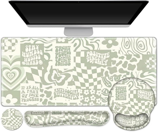 Large Desk Mat, Beige Gaming Mouse Pad, Desk Pad Protector, XXL Mousepad + Keyboard Wrist Rest+Mouse Wrist Rest+Coaster Set with Ergonomic Desk Pad for Home Office PC Computer, Retro Boho Aesthetic