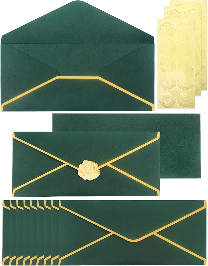 Business Envelopes with V-Flap,Gold Border 30 Pack #10 Envelopes Made of 150gsm Paper, Standard Envelopes with Gold Stickers for Office, Checks, Letter Mailing,9.45 x 4.13 Inches (Deep Green)