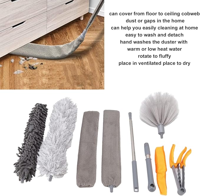Tyenaza 9Pcs Microfiber Duster Kit, Extendable Feather Duster House Cleaning Tool for Home Use