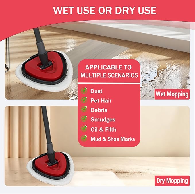 Triangule Flat Mop Replacement Pads, Spin Mop Pad Replacement, 6 Pack Mop Refill Pads, 1 Mop Base and 1 Scraper for Cleaning Floor, Wall, Ceiling, Easy to Replace