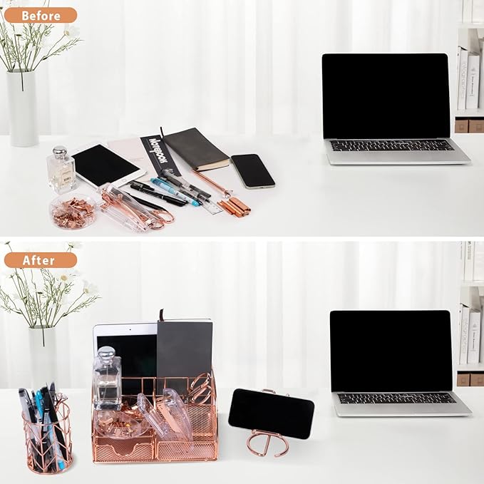 Rose Gold Desk Organizers and Accessories Office Supplies Set Stapler, Pen Holder, Phone Holder, Scissors, Pen, Ruler, 30 Paper Clips, 22 Binder Clip, 20 Tacks and 1000pcs Staples