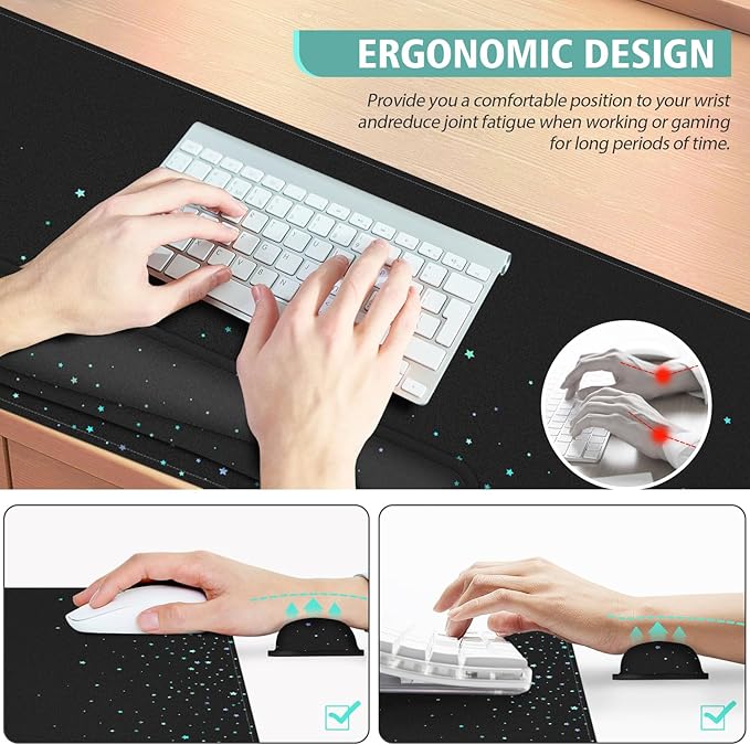 Desk Mat for Keyboard and Mouse,4in1 XXL Mousepad + Keyboard Wrist Rest+Mouse Wrist Rest+Coaster Set with Ergonomic Desk Pad for Home Office(Black Bluestar)