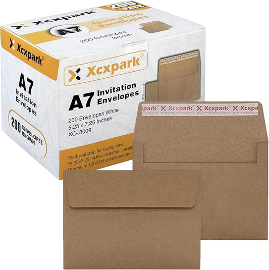 200 Qty Printable A7 Invitation Envelopes 5.25 x 7.25, Self Seal 120GSM Brown Kraft Paper Envelopes for Invitations, Papers, Photos, Documents, Wedding, Baby Shower, Easy to Seal