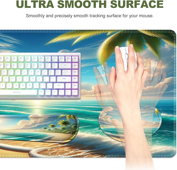 Large Mouse Pad and Keyboard Wrist Rest, Extended Mouse Pad with Wrist Support Ergonomic, Non-Slip Desk Mat, Desk Protector Blotter for Home Office, Sunny Beach