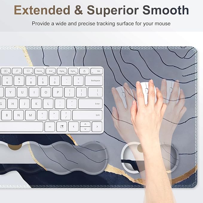 Gaming Mouse Pad Keyboard Wrist Support, 4 in1 Mousepad with Wrist Keyboard Rest, Computer Desk Mat, Non-Slip Desk Pad with Memory Foam Easy Typing Pain Relief I Grey Abstract Moon Mountain