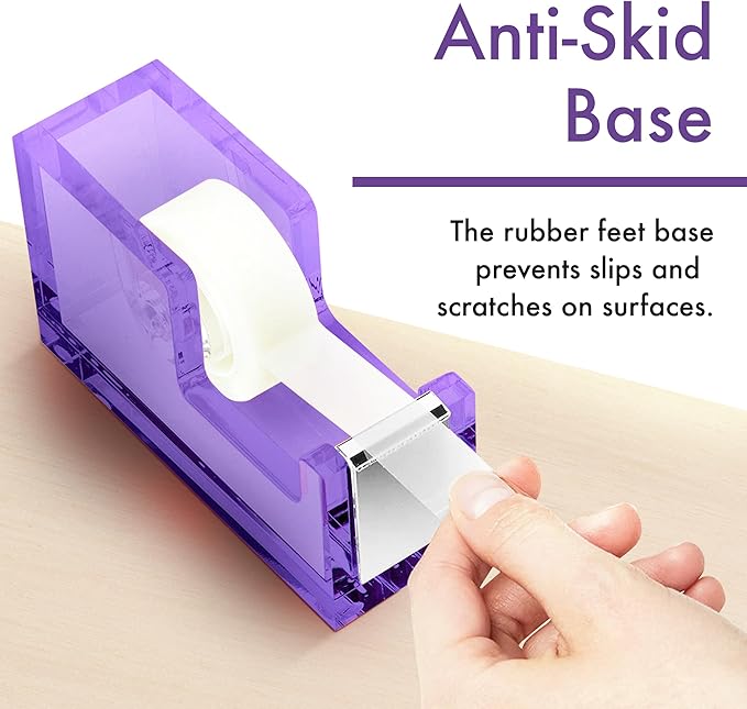 OfficeGoods Acrylic Tape Dispenser – Modern Desk Organizer for Office Supplies – Heavy Duty Refillable Tape Holder for Home and School Crafting – Stylish Desktop Accessory for Gift Wrapping, Purple