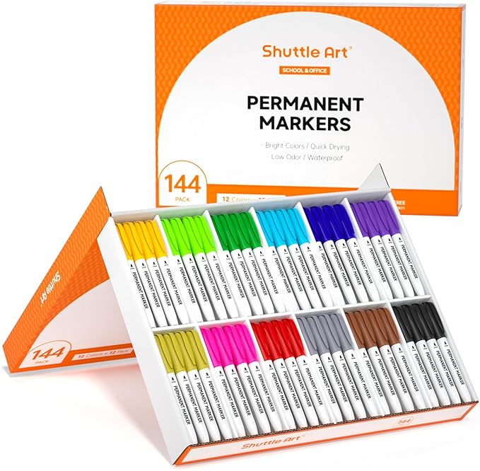 Shuttle Art 144 Pack Permanent Markers, Permanent Marker Assorted Colors, 12 Bright Colors Fine Point Permanent Markers For Kids and Adult Coloring on Wood, Stone, Glass as Office, School Supplies