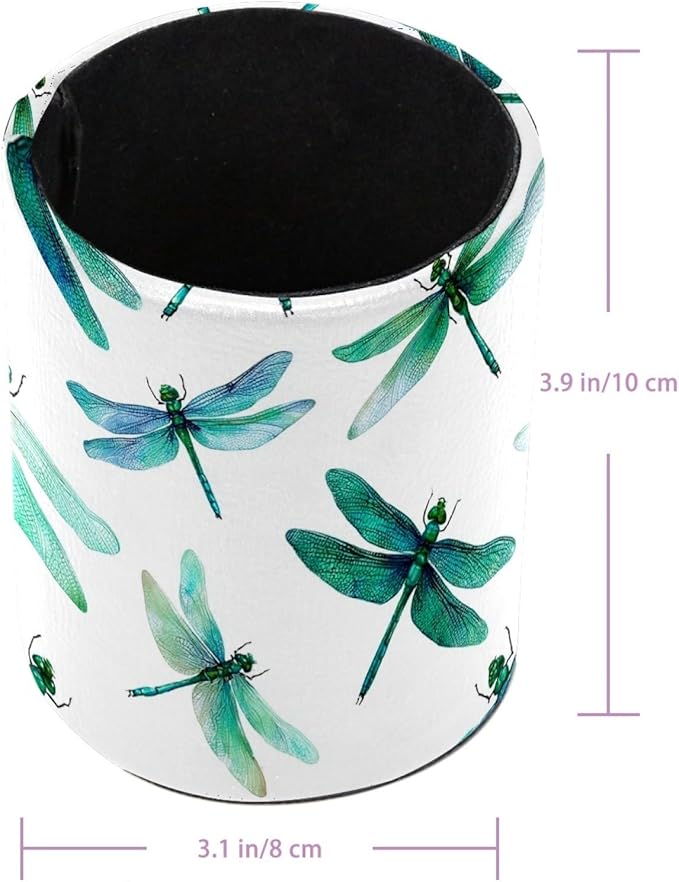 Leather Pen Holder for Desk Dragonflies Cute Pattern Pencil Cup Desktop Organizer Makeup Brush Holders Office Supplies for Home, Kids & School