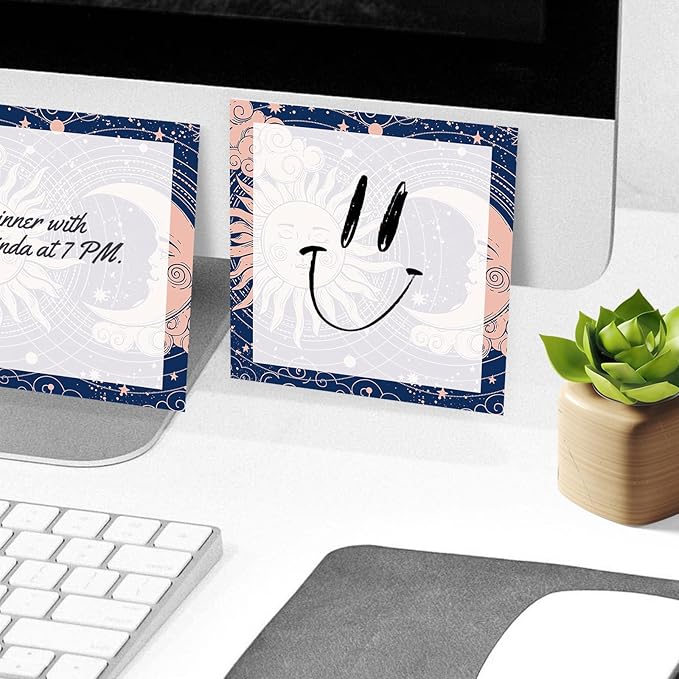 Sticky Notes, 2 Pads, 3x3 inches, Cute Colorful Fun Self-Stick Note Pads, Easy Post, Strong Adhesive Notepad Moon Sun Drawing