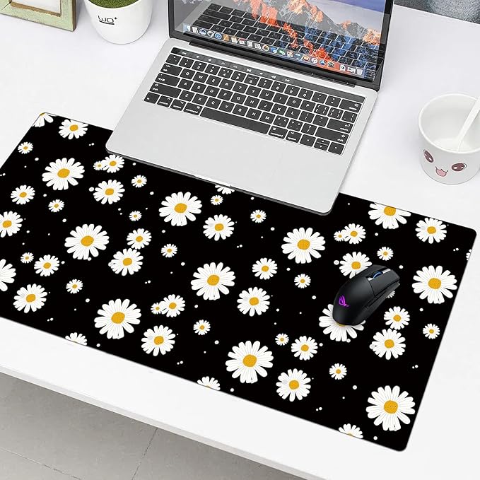 White Daisy Daisy Pad Protector, Stitched Edges Mouse Pad, Large Office Mat, Non-Slip Desk Blotter, Laptop Desk Pad, Flower Writing Pad for Office and Home (31.5" x 15.7")