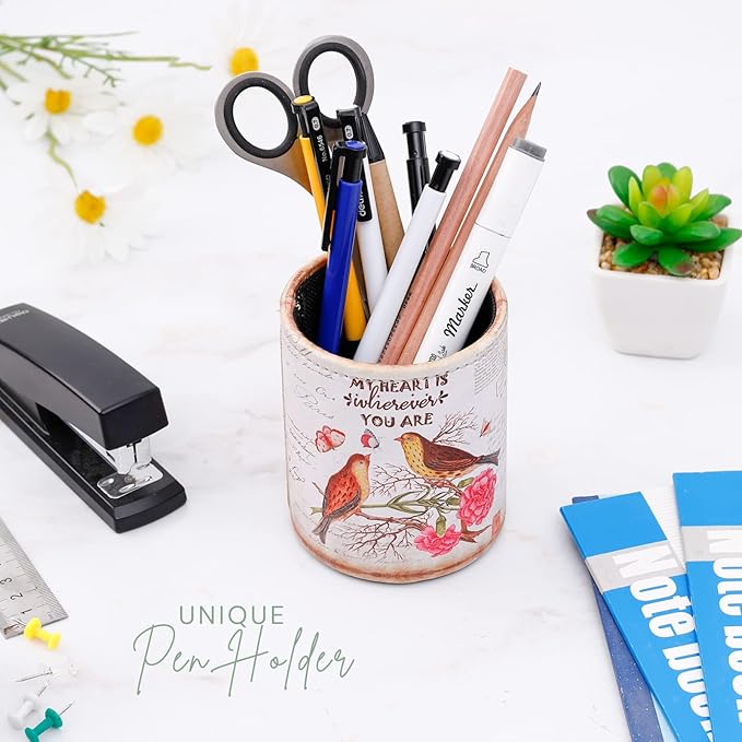 Pen Organizer for Desk, PU Leather Cute Pen Holder for Cosmetics Office Supplies, Gifts for Mom Wife Grandma, Love Birds PH83