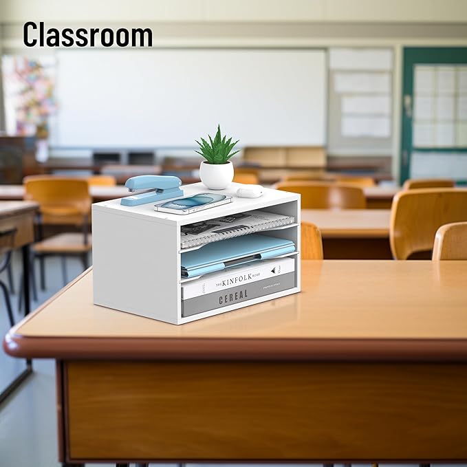 Wood Desk Organizer, 3 Tier Paper Tray Organizer for Desk with Adjustable Storage Shelves, Desktop Paper Sorter Mail Holder for Office Home Classroom, White