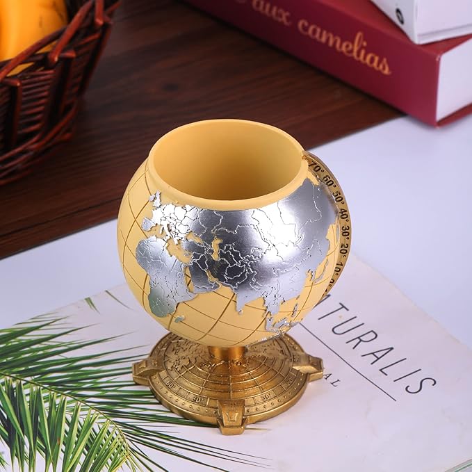 Globe Pen Holder Desk Decor Organizer Cute Cool Fun Vintage Pencil Cups Gifts for Teacher Kids Men Desk Accessories for Office Home School (Light Yellow)