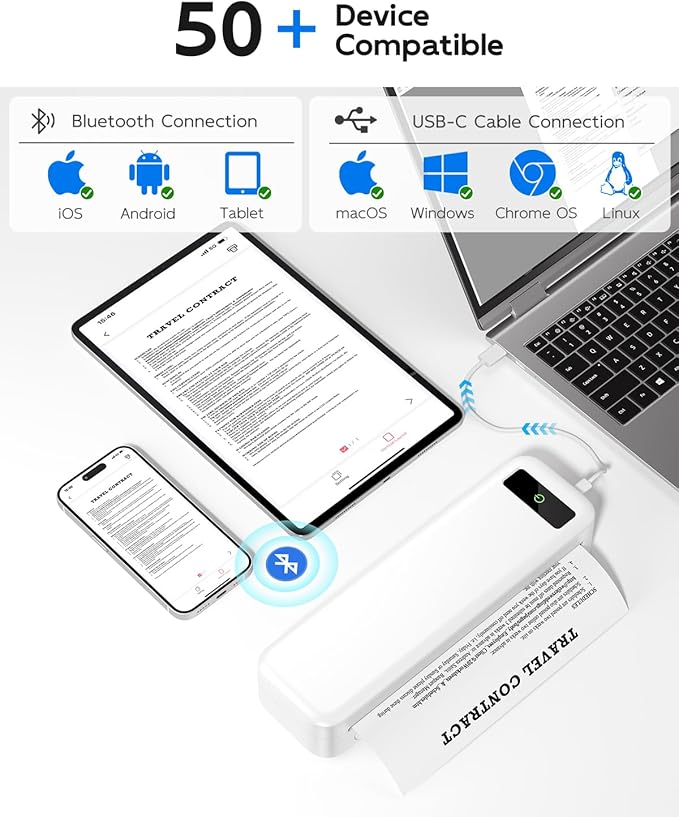 Portable Printers Wireless for Travel, Bluetooth Inkless Thermal Printer, Support 8.5" X 11" US Letter & A4, Small Mobile Printer with Carry Case and 4 Rolls Thermal Paper Kit, for Home Car Receipt