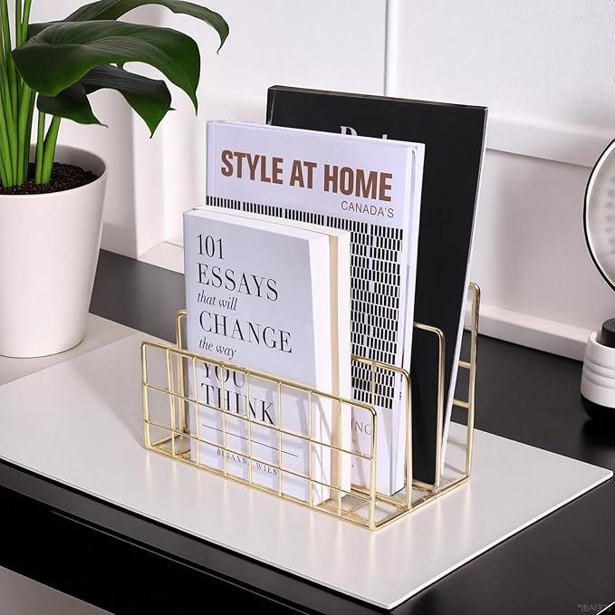 Metal File Organizer, 3 Vertical Sections, Desktop Paper/Mail/Letter/Record Holder, File Folder Holder Stand Rack Sorter for Office Desk Organization and accessories & supplies (Gold)