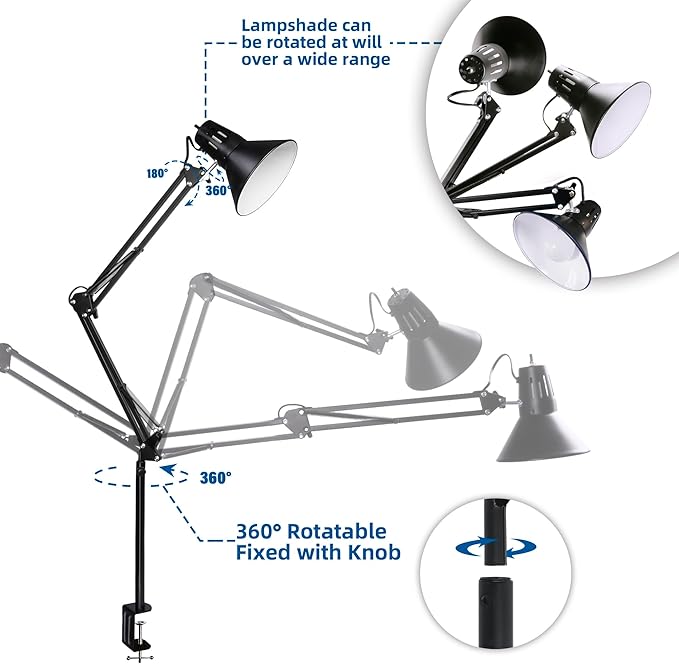 2 Pack Desk Lamp w/A19 E26 LED Bulb for Home Office Eye-Caring Metal Extra Tall Swing Arm High Intensity Clamp Flexible Gooseneck Side Table Working Reading Computer Workbench 3000K+ 5000K Light
