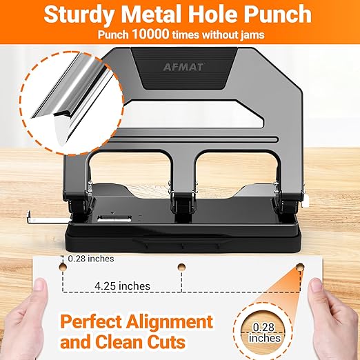 AFMAT HPX2 Heavy Duty 3 Hole Puncher, 40-Sheet Paper Punch Heavy Duty, 50% Reduced Effort Three Hole Punch, 10K+ Uses, Metal Hole Puncher 3 Ring w/Large Tray, Bulit-in S.S. Paper Guide, Black