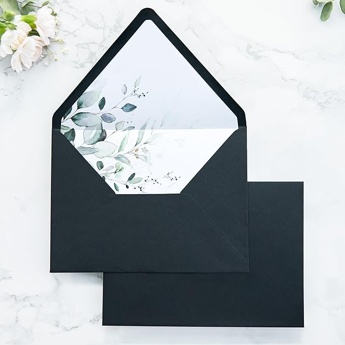 PONATIA 50 PCS A7 Euro Flap Black Envelopes, 5.25 x 7.25'' Green Liner Envelopes for 5x7 Wedding Invitations, Photos, Postcards, Greeting Cards, Christmas Gift Cards, Acrylic Mailing