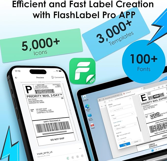 Bluetooth Thermal Shipping Label Printer, 4x6 Portable Thermal Address Label Printer for Small Business, Compatible with iPhone,Android,Windows,Mac,Chromebook –Works with Ebay Shopify USPS&More