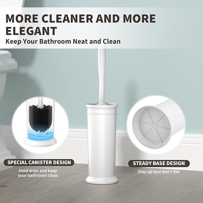 UPTRONIC Toilet Brush, Toilet Bowl Brush with Extra Long Handle Durable Bristles Toilet Scrubber and Covered Holder for Toilet Brush Set for Bathroom Cleaning (White, 1 Set)