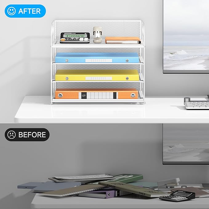 Lavatino Paper Organizer for Desk, 4-Tier Desk Organizer Tray, Mesh Desktop File Organizers with Handle, Office Classroom Organization and Storage-White
