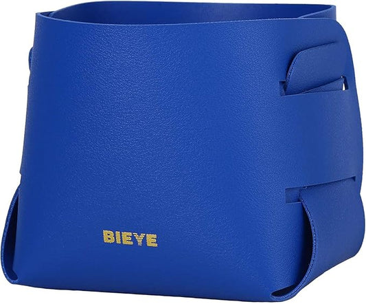 Bieye LSB007 Collapsible Leather Storage Bin Decorative Desk Organizer for Jewelry Makeup Pen Pencil Glasses Remote Controller Storage (Sapphire Blue, 4" WX4 LX4 H)