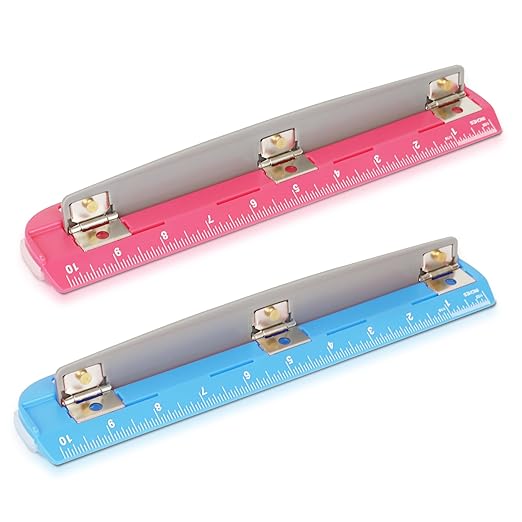 Darice 3 Hole Puncher 2 Pack - 5 Sheet Capacity Paper Punch with 10" Ruler - 3 Ring Easy-Clean Tray, Portable, Compact - Blue Pink