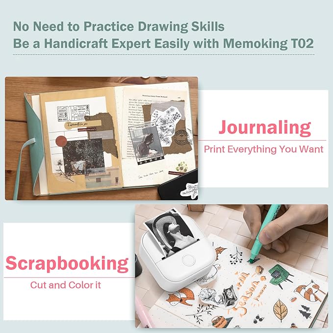 Memoking Mini Portable Printer - T02 Inkless Pocket Thermal Sticker Maker Mini Sticker Printer Mobile Label Maker for Student, Gift, White (Bunny Case Not Included)