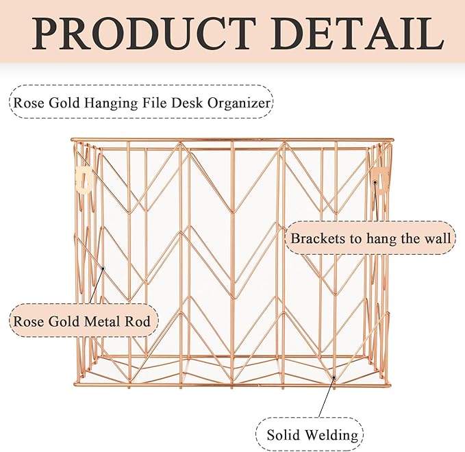 1 Pack Rose Gold Hanging Folder Desk Organizer Decorative Organizer Metal Wire Baskets Suitable for Hanging file folder Design for Home Offices Supplies, 9.4 X 11.8 Inch