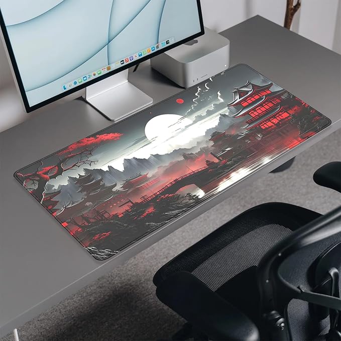Japanese Riverside Full Moon Desk Pad Mouse Pad,Extended Large Gaming Mouse Mat with Stitched Edges,Non-Slip Waterproof Rubber Base Mousepad for Office Work Home Desk Mat(27.5X11.8 in)