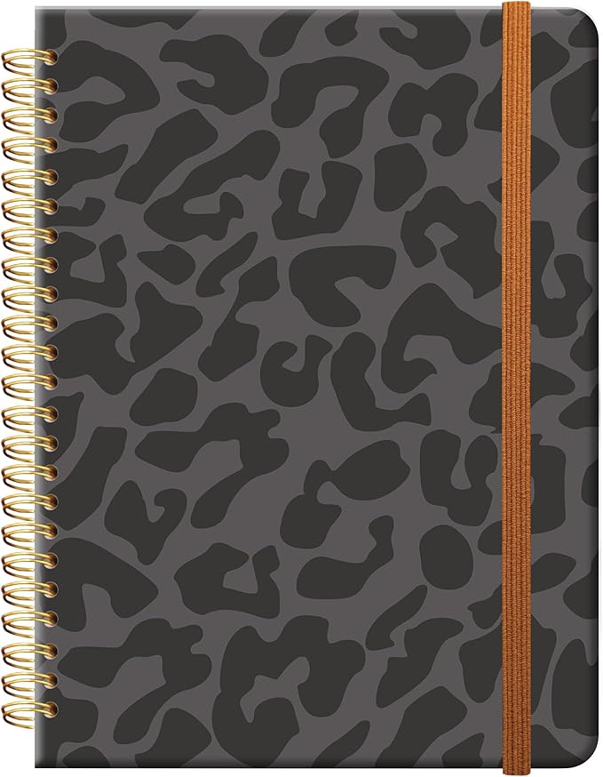 Ruled Spiral Writing Notebook,A5 Hardcover Lined College Journal for Women,Strong Twin-Wire Binding with Premium Paper,8.4" X 6",Perfect for School,Office,Home(Black Leopard)